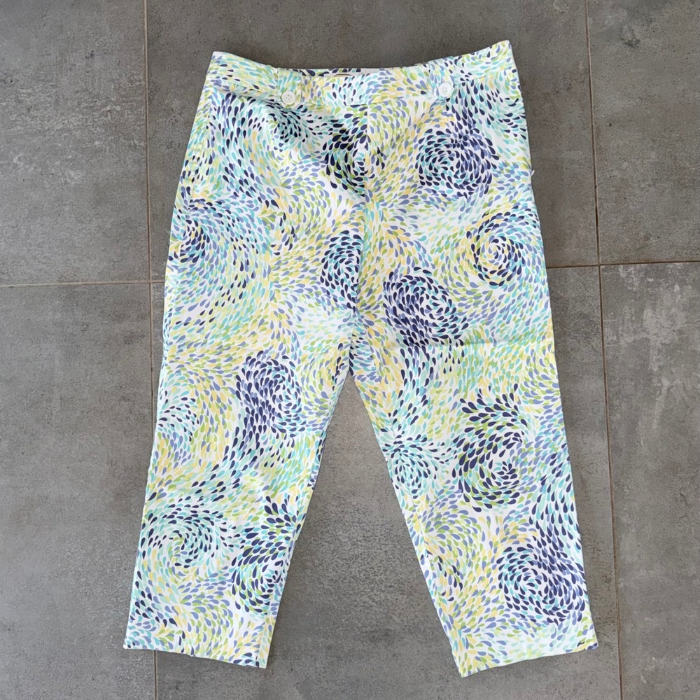 Talbots Size‎ 12P Cropped Pants Abstract Swirl Teardrop Print - Blue & Yellow